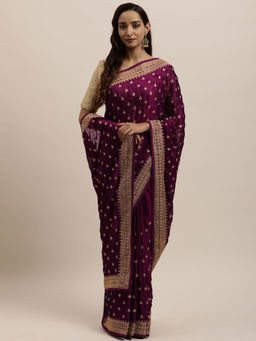 Kasee - Wine Embellished Sequined Art Silk Saree with Unstitched Blouse