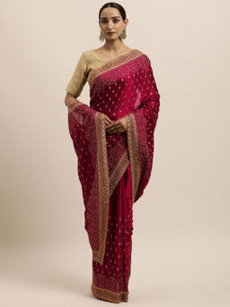 Kasee - Cherry Red Embellished Sequined Art Silk Saree with Unstitched Blouse