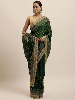 Kasee - Green Embellished Sequined Art Silk Saree with Unstitched Blouse
