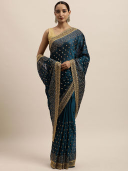 Kasee - Navy Blue Embellished Sequined Art Silk Saree with Unstitched Blouse