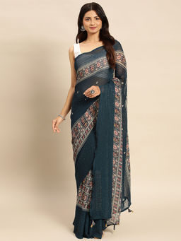 Kasee - Navy Blue Embellished Ethnic Motifs Satin Saree with Unstitched Blouse
