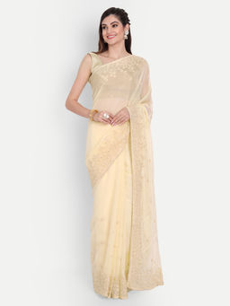 Kasee - Yellow Organza Self Thread Embroidered Saree with Unstitched Blouse