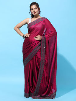 Kasee - Cherry Red Sequined Art Silk Heavy Work Saree with Unstitched Blouse