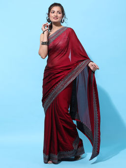 Kasee - Maroon Sequined Art Silk Heavy Work Saree with Unstitched Blouse
