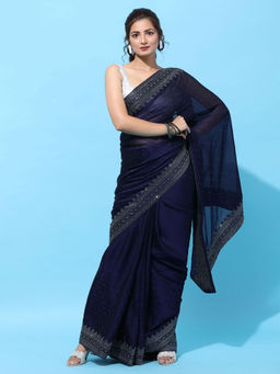 Kasee - Navy Blue Sequined Art Silk Heavy Work Saree with Unstitched Blouse