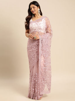 Kasee - Lavender Floral Embroidered Net Saree with Unstitched Blouse