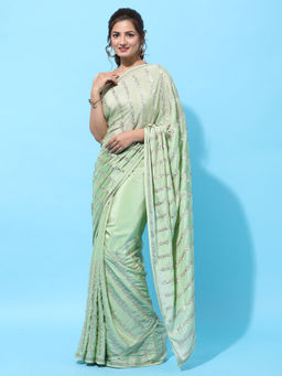 Kasee - Green Sequined Pure Crepe Heavy Work Saree with Unstitched Blouse