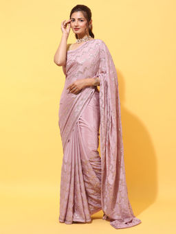 Kasee - Lavender Sequined Pure Crepe Heavy Work Saree with Unstitched Blouse