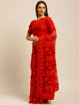 Kasee - Red Floral Embroidered Net Saree with Unstitched Blouse
