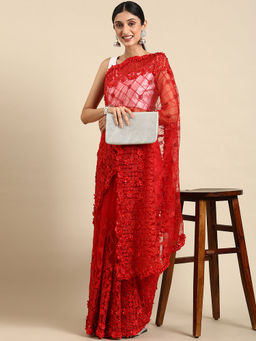 Kasee - Red Floral Embroidered Net Saree with Unstitched Blouse
