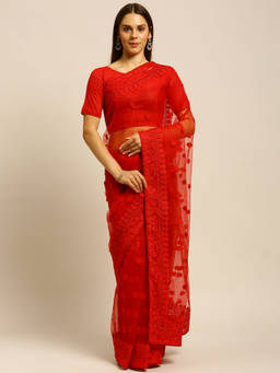 Kasee - Red Floral Embroidered Net Saree with Unstitched Blouse