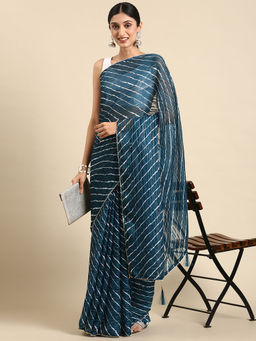 Kasee - Navy Blue Stripes Satin Saree with Unstitched Blouse