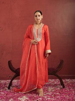 ONEWE INDIA - Chaand Red Silk Zari Work Kurta with Pant and Dupatta (Set of 3)