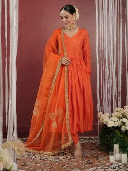 ONEWE INDIA - Chaand Orange Silk Kurta with Dhoti and Dupatta (Set of 3)