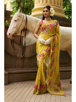 Aparnaa - Mustard Yellow Tissue Saree with Unstitched Blouse Hand Embroidery