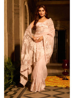 Aparnaa - Pure Organza Saree with Unstitched Blouse Lotus Applique Work - Pink