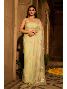 Aparnaa - Pastel Green Organza Saree with Unstitched Blouse