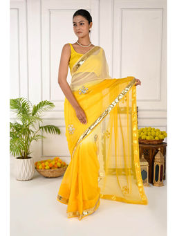 THREADS and BLOCKS - Ombre Yellow Kachi Patti Lappa Border Saree with Unstitched Blouse