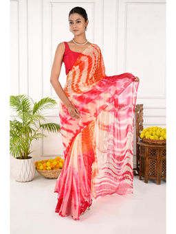 THREADS and BLOCKS - Raspberry Multi-Color Shibori Saree with Unstitched Blouse