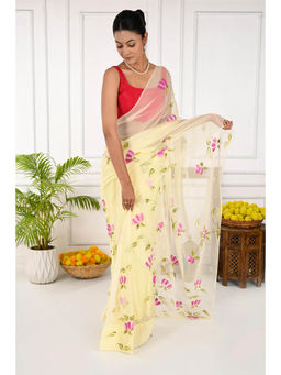 THREADS and BLOCKS - Blooms Of Paradise Hand Painted Saree with Unstitched Blouse - Cream