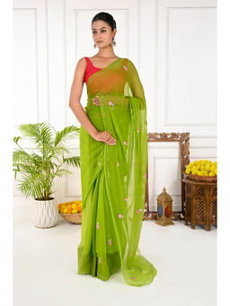 THREADS and BLOCKS - Heena Phool Buta Saree with Unstitched Blouse - Green