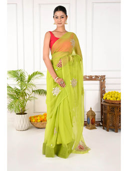THREADS and BLOCKS - Zubeida Zardozi Buta Saree with Unstitched Blouse - Green