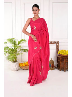 THREADS and BLOCKS - Fuchsia Floral Crepe Saree with Unstitched Blouse - Pink