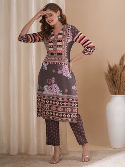 FASHOR - Women Cotton Grey Round Neck Floral Kurta with Pant (Set of 2)