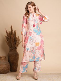 FASHOR - Women Muslin Silk Cream Mandarin Neck Floral Kurta with Pant (Set of 2)