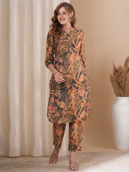 FASHOR - Women Cotton Multi-Color Mandarin Neck Floral Kurta with Pant (Set of 2)