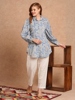 FASHOR - Women Cotton Blue Collar Neck Floral Co-Ord (Set of 2)