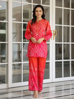 FASHOR - Women Muslin Silk Pink Mandarin Neck Printed Co-Ord (Set of 2)