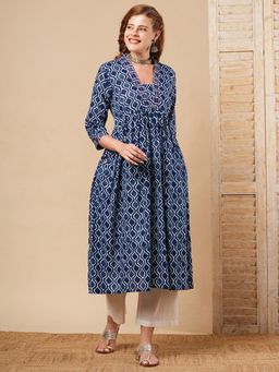 FASHOR - Women Cotton Blue V-Neck Printed Anarkali Kurta with Pant (Set of 2)