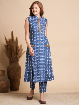 FASHOR - Women Cotton Blue Mandarin Neck Printed Kurta with Pant (Set of 2)