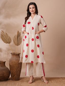 FASHOR - Women Cotton Off White V-Neck Polka Dots Kurta with Pant (Set of 2)