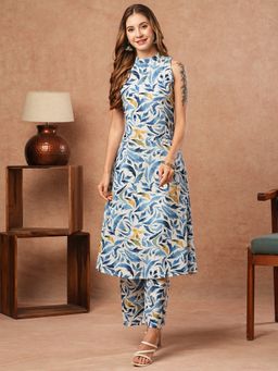 FASHOR - Women Cotton Blue Mandarin Neck Printed Kurta with Palazzo (Set of 2)