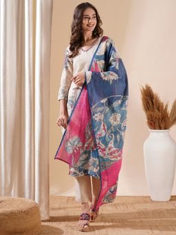 FASHOR - Women Cotton Off White V-Neck Floral Kurta with Pant and Dupatta (Set of 3)