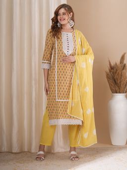 FASHOR - Women Cotton Yellow Round Neck Printed Kurta with Pant and Dupatta (Set of 3)