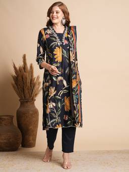 FASHOR - Women Cotton Black V-Neck Floral Kurta with Pant and Dupatta (Set of 3)