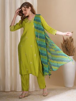 FASHOR - Women Silk Green V-Neck Embroidered Kurta with Pant and Dupatta (Set of 3)