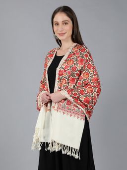 Zamour - Off White Kashmiri Embroidered Woollen Shawl