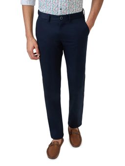 Parx - Navy Blue Cotton Blend Slim Fit Trouser