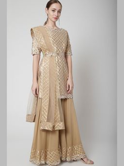 Jade by Ashima - Peach Silk Embroidered Kurta with Sharara and Dupatta with Belt