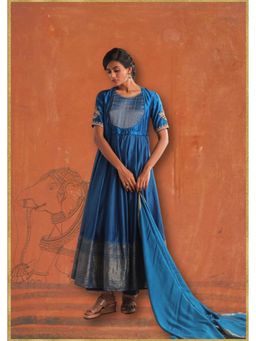 Myoho - Blue Matka Yoke Kalidar Kurta with Banarasi Border Set