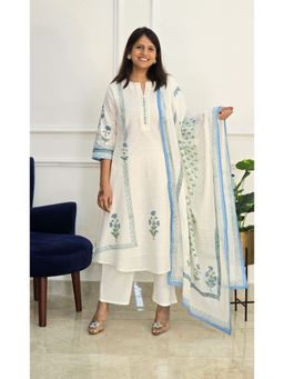 Pink Tree - White Linen Mirror Work Kurta with Pant and Dupatta