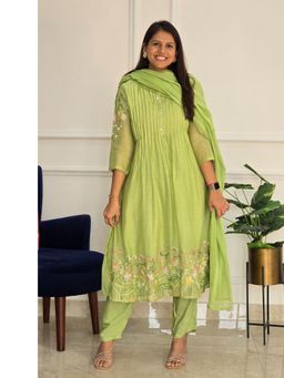 Pink Tree - Green Mul Embroidered Kurta with Pant and Dupatta