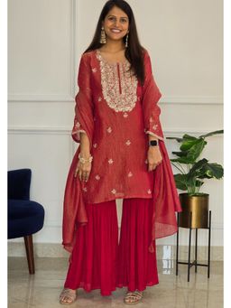 Pink Tree - Red Tissue Embroidered Kurta with Garara and Dupatta