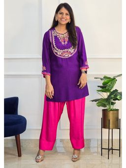 Pink Tree - Purple Silk Thread Work Kurti with Pant