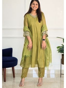 Pink Tree - Green Cotton Embellished/Sequined Anarkali with Pant and Dupatta