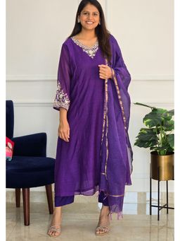 Pink Tree - Purple Cotton Thread Work Kurta with Pant and Dupatta